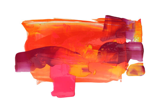 PNG Art oil, Acrylic brush stroke smear painting blot. Abstract relief texture violet, pink, orange neon color stain isolated on transparent background.