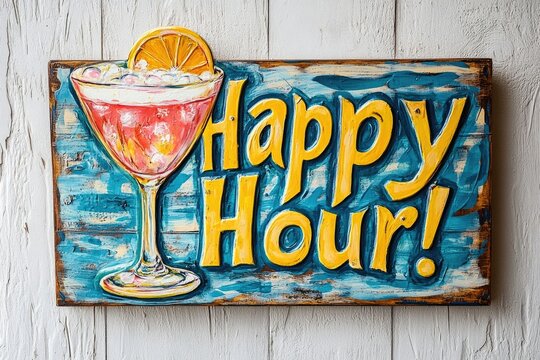 Happy Hour sign with a refreshing cocktail illustration.