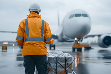 Airport worker with cargo in front of plane, preparing for loading. Aviation industry in action. Worker dressed in orange safety wear and helmet.