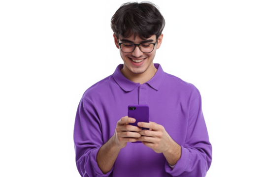 Young happy man looking at his phone 

