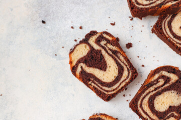 Homemade traditional marble pound cake.
