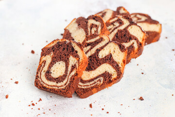 Homemade traditional marble pound cake.