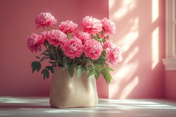 Fototapeta premium Pink Peonies in a Beige Vase with Soft Sunlight