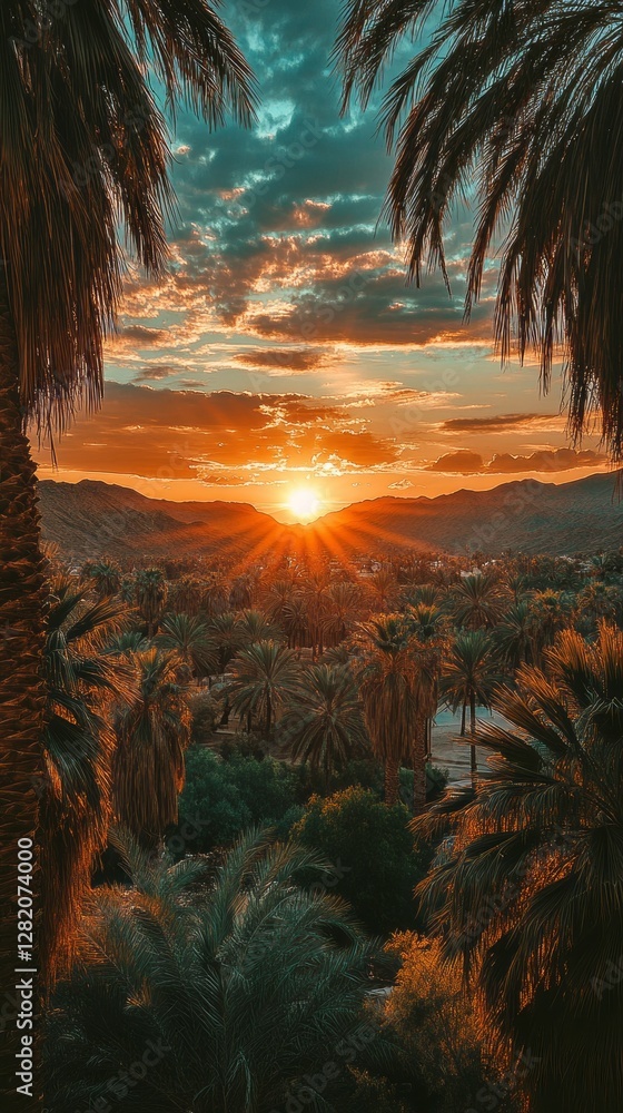 Aufkleber As the sun dips below the horizon, the desert transforms into a blaze of orange and gold, casting long shadows from surrounding palm trees, creating a stunning backdrop of tranquility.