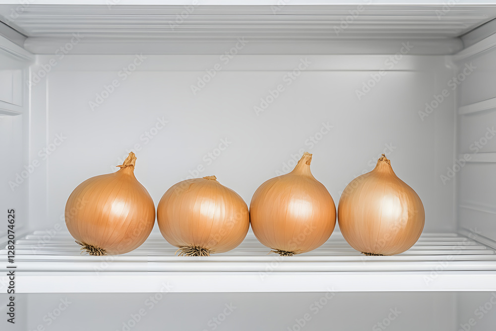 Poster four onions are arranged in a row inside a clean, white refrigerator. the onions appear fresh, and t