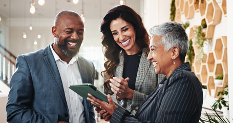 Business people, tablet and management applause in office, success and celebrate revenue income....