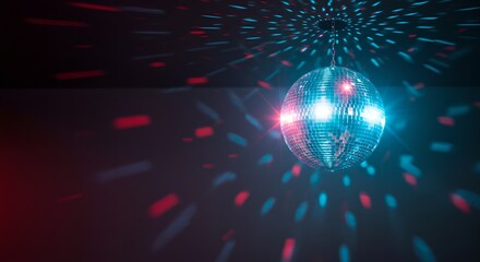 Glittering disco ball reflecting colorful light patterns in dark nightclub. Retro party atmosphere with classic mirror ball. Nostalgic 70s dance floor vibes.
