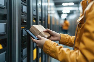 Smart locker system in use with individual retrieving package. Generative AI