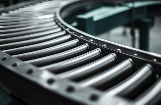 Industrial roller conveyor system. Metal rollers, frame. Empty conveyor. Automated manufacturing equipment in factory. Modern production line. Efficient logistics tech. Warehouse sorting. Interior