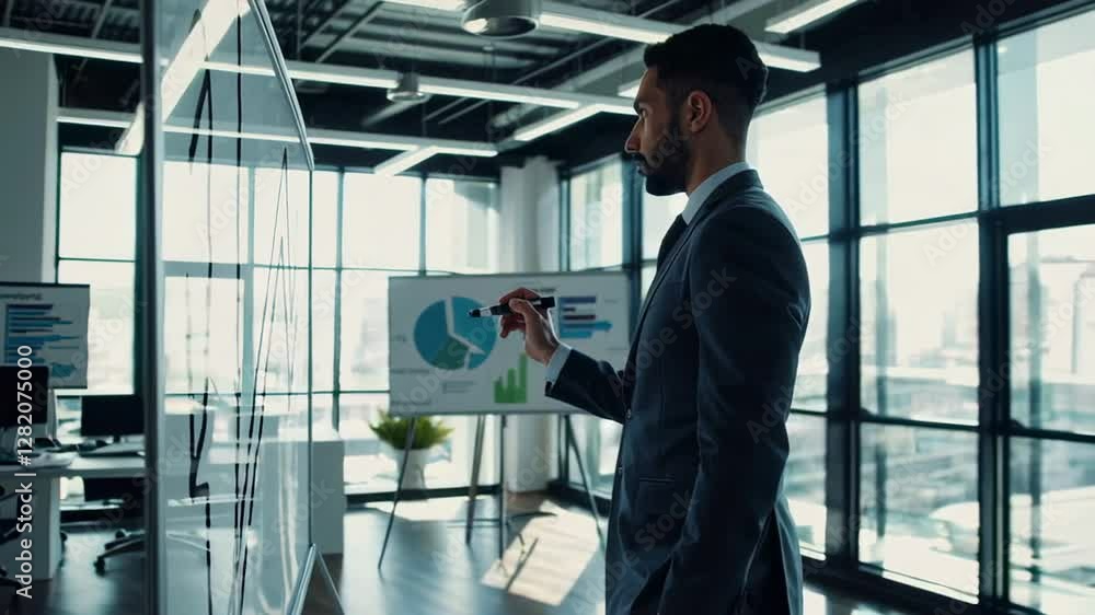 Poster businessman in a suit draws graphs and charts on a transparent whiteboard, illustrating business con