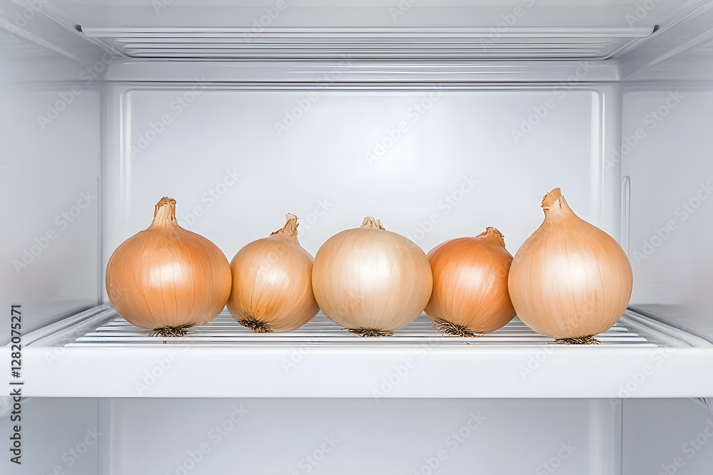 Poster onions on a shelf: fresh golden onions neatly lined up on a white shelf in an empty fridge. ready to