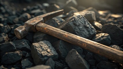 Rusty hammer lying on coal with a reflective mood, showcasing the essence of mining against a gritty backdrop