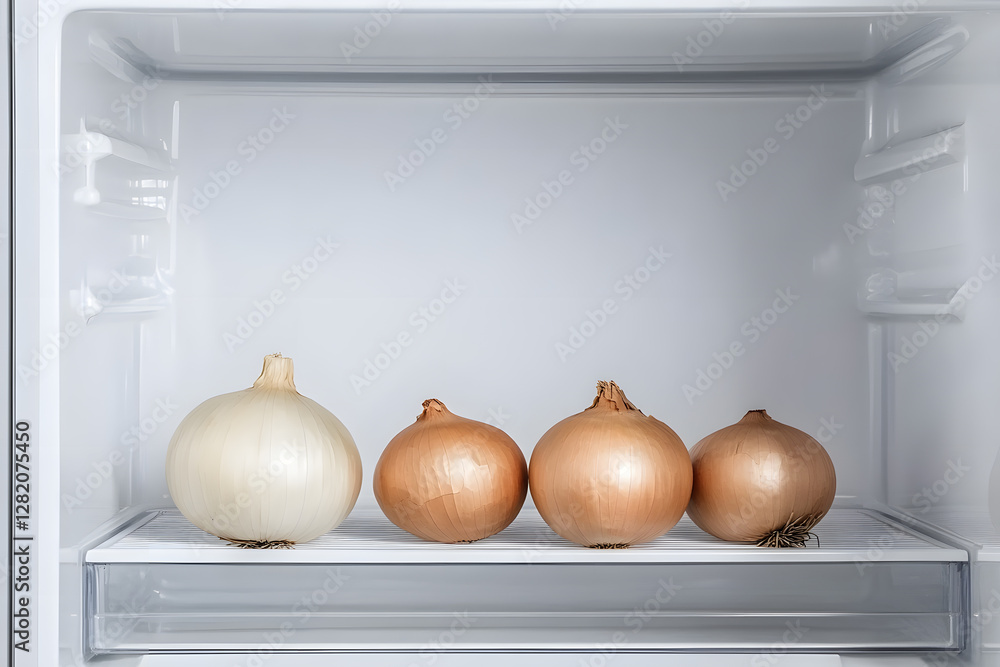 Poster four onions of different colors are stored in an empty fridge, with the white fridge adding to the c