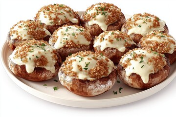 A plate of stuffed mushrooms filled with creamy cheese and topped with breadcrumbs, garnished with fresh herbs on a clean, white background, perfect appetizer.