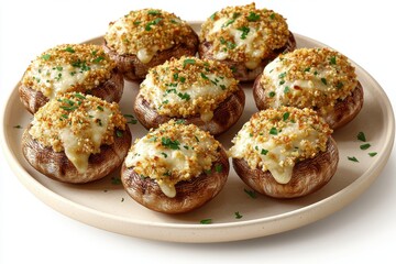 Fototapeta premium A delightful platter of stuffed mushrooms, brimming with creamy filling, topped with golden breadcrumbs, and adorned with fresh parsley, presented on a white background.