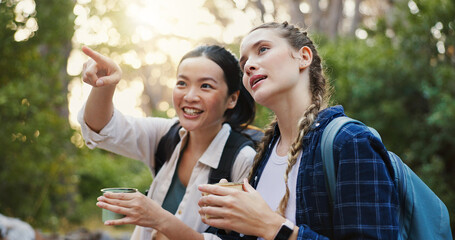 Pointing, coffee and hiking for friends in nature for lunch break, trekking adventure and park conservation. Drink conversation and environment with women in forest for tea, travel and peace together