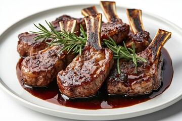 A tempting close-up featuring grilled lamb chops garnished with rosemary and drizzled with a rich sauce, presented on a clean white plate in a refined setting.