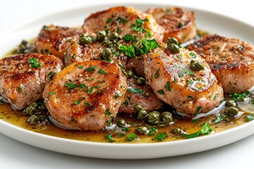 Succulent pork medallions in a lemon-caper sauce, garnished with parsley, served on a white plate, exemplifying Italian culinary artistry and gourmet presentation.