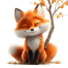 Fototapeta premium Fluffy 3D Cartoon Fox with Soft Bushy Tail Sitting Next to a Tree Isolated on Transparent Background