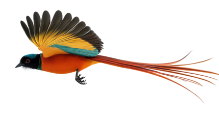 Vibrant Orange and Teal Bird in Flight Stunning Detailed Wildlife Photography Black Background Exotic Avian Species     