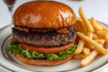 A delicious burger with lettuce, tomato, and caramelized onions next to a side of crispy fries, a timeless classic served on a plate.