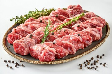 Fototapeta premium Platter of raw, marbled beef cubes garnished with fresh rosemary, thyme and peppercorns, emphasizing quality and readiness for gourmet cooking preparations.