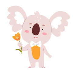 Cute koala holding a yellow tulip in his hand. Spring character in pastel colors.