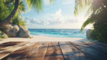 Wooden table top with a blurred tropical beach background for product display and summer vacation concept