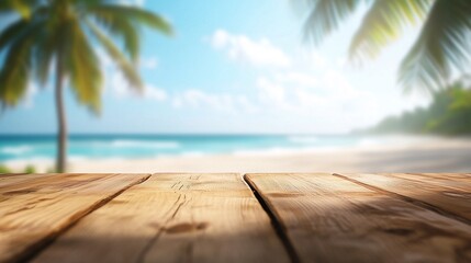Wooden table top with a blurred tropical beach background for product display and summer vacation concept