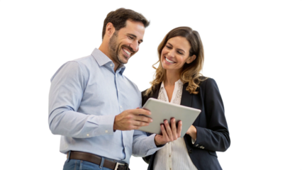 A business man and woman looking at the tablet , smiling faces , professional looks