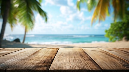 Fototapeta premium Wooden table top with a blurred tropical beach background for product display and summer vacation concept