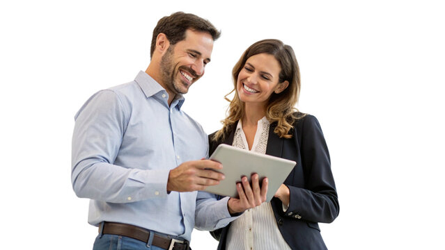 A business man and woman looking at the tablet , smiling faces , professional looks