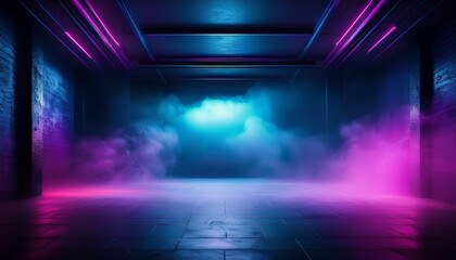 background of an empty dark room empty walls neon light smoke smog blue and pink smoke ultraviolet light in the dark