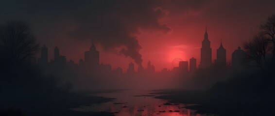 Fototapeta premium City Skyline at Sunset with Misty Horizon, Urban Landscape Scene