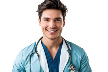 Portrait of a professional smiling doctor with stethoscope, handsome man, isolated on transparent background 
