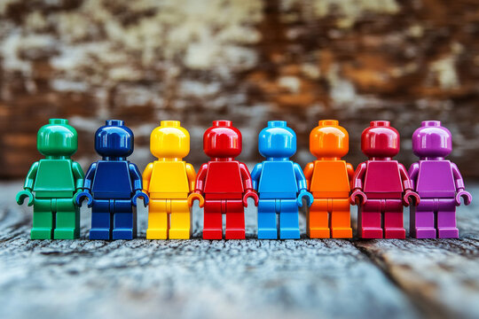 Brightly colored toy figures arranged in a precise lineup, each figure showcasing unique features, embodying a message of unity and diversity, perfect for representing collaboration and inclusion