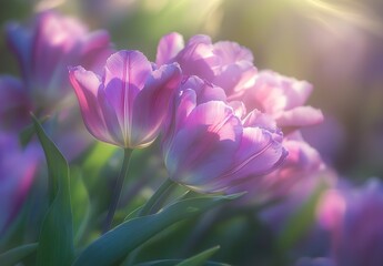 Two Lavender Tulips Bask In Sunlight Amongst Others