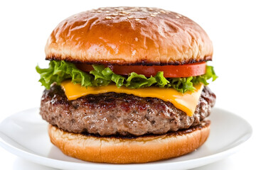 A juicy burger on a white plate featuring a sesame seed bun, lettuce, tomato, cheese, and a perfectly grilled patty. A classic comfort food!
