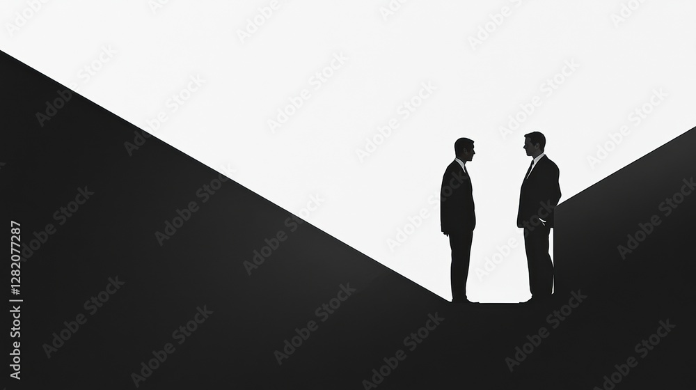Aufkleber silhouettes of two business executives engaged in a conversation during a corporate meeting at dawn.