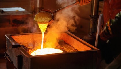 Dramatic moment of molten gold pouring from a crucible during gold refining in a workshop