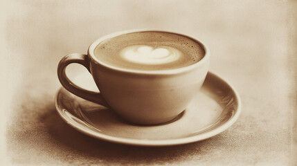Obraz premium Warm coffee cup with latte art served on a simple saucer in a cozy setting