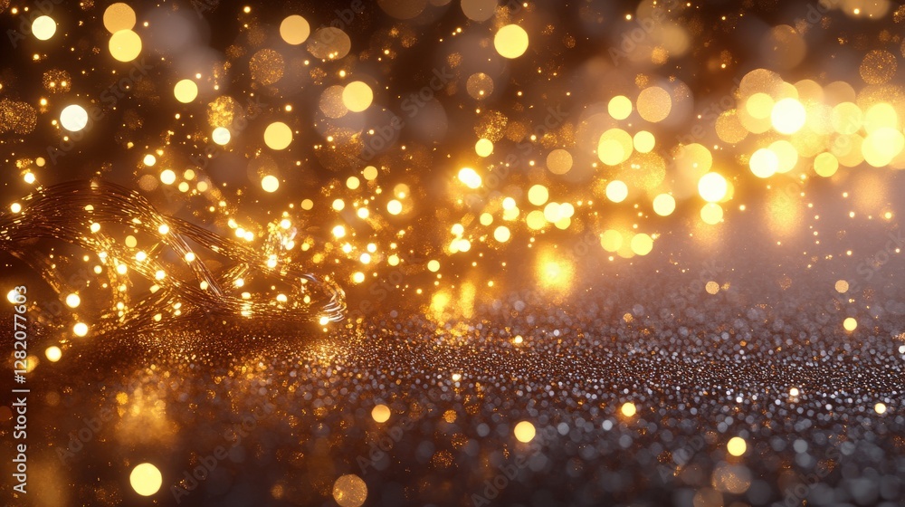 Poster glimmering golden bokeh lights reflecting off a textured surface, creating a festive atmosphere