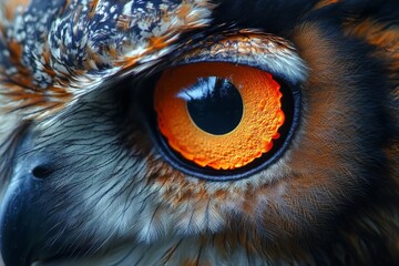 A Piercing Gaze: An Extreme Close-Up of an Owl's Eye, Revealing the Intricate Details of Feathers and the Intense, Fiery Orange Iris.
