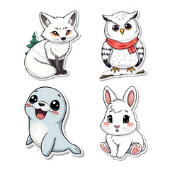 Fototapeta premium Winter animals cartoon characters illustration stickers set isolated on transparent background, PNG file add