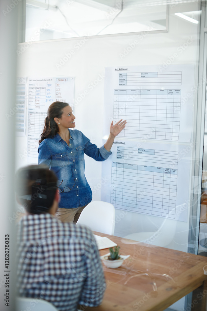 Poster presentation, poster and businesswoman in meeting in office for creative project with design chart. 