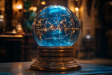 Mystical Celestial Sphere: A Glowing Orb of Constellations and Destiny, Resting on an Ornate Antique Base, Radiating Magic and Wonder in a Moody Ambiance