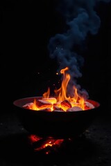 Black background, fiery BBQ grill glowing embers, party, food