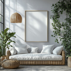 Mockup poster frame on the wall n the living room, art picture, for interior design or real estate decoration luxurious apartment, background.