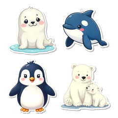 Winter animals cartoon characters illustration stickers set isolated on transparent background, PNG file add