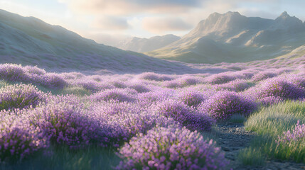 Obraz premium A meadow filled with lavender flowers swaying gently in the breeze, with soft hills in the background